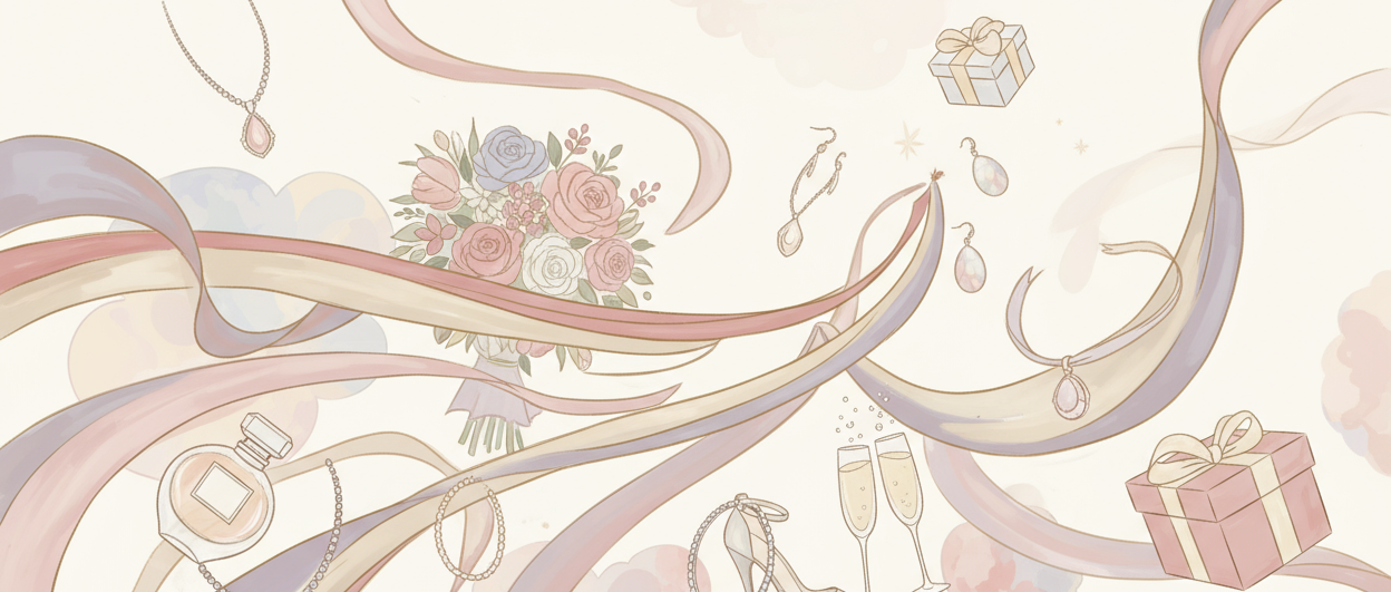 Create an artistic, editorial-style wallpaper inspired by feminine celebrations, gifting, and timeless beauty, in a painterly or semi-illustrated style (not realistic).

The composition should feel like an abstract fashion daydream — flowing ribbons, soft shapes of jewelry, perfume bottles, heels, and wrapped gifts — gently floating or arranged in elegant motion.

Visual tone: romantic, poetic, and modern, like a Dior or Chanel campaign turned into art.

Include abstract hints of occasions — a bouquet, a gl