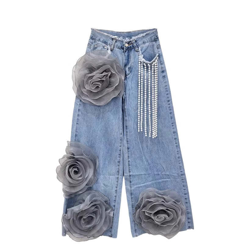 High-waisted Denim Jeans With Three-dimensional Flower Bead Chains