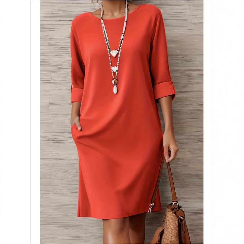 Versatile Solid-color Mid-sleeve Dress With Side Pockets