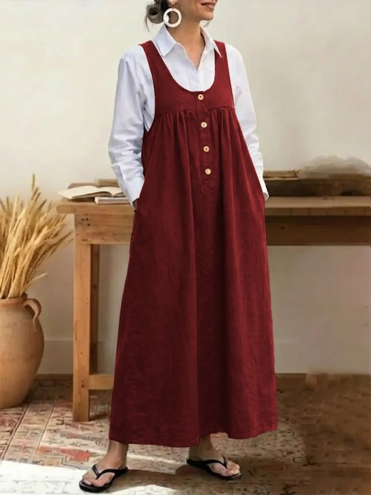 Buttoned Suspender Sleeveless Loose Casual Dress