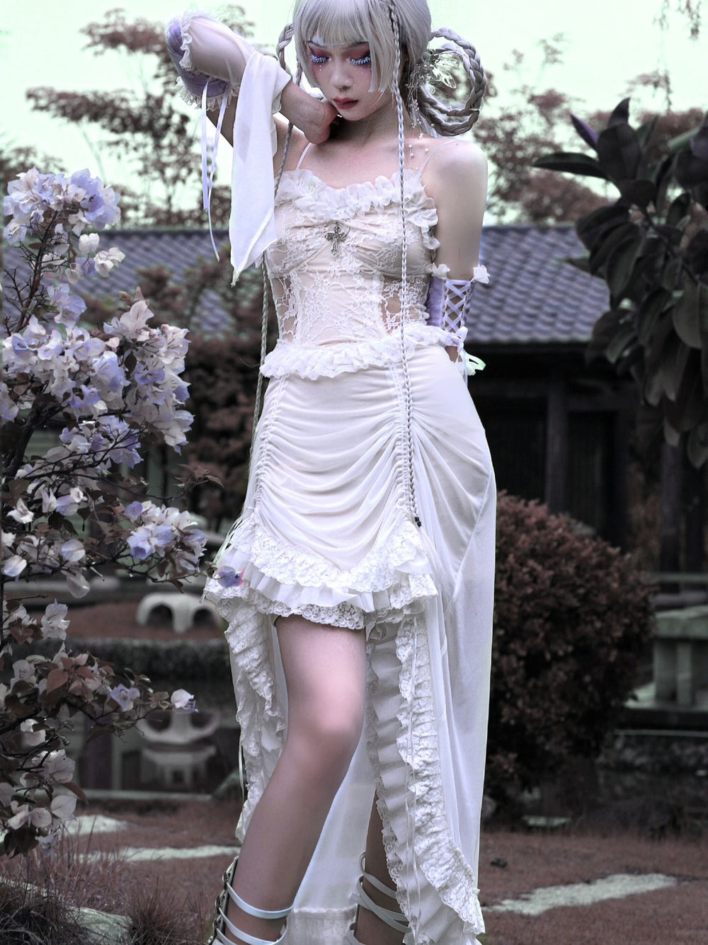 God's Redemption Chinese Style White Gothic Drawstring Mesh Dark Strap Dress Summer