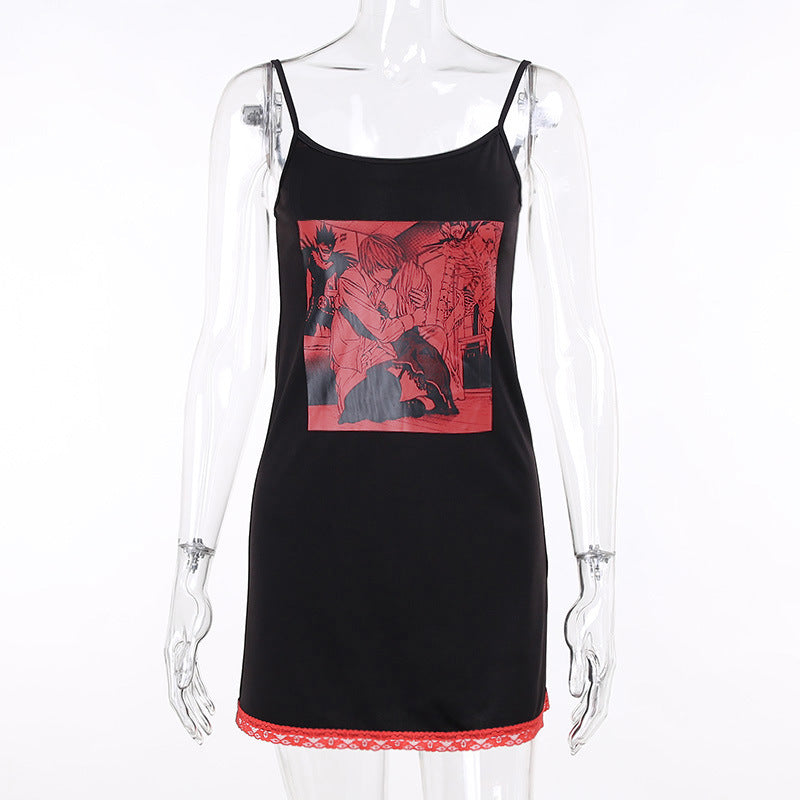 Women's Dark Print Ruffled Suspender Dress