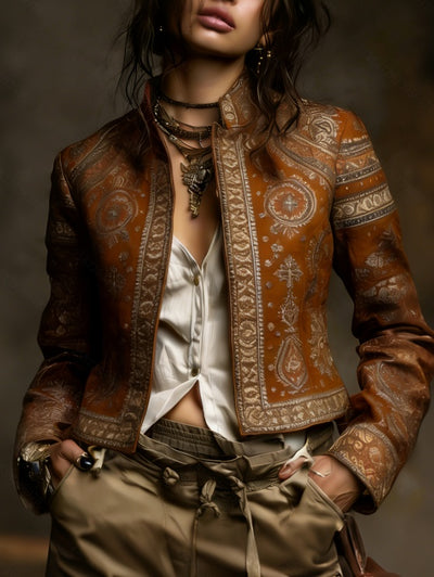 Vintage Ethnic Style Jacquard Short Jacket, American Western Distressed Leather Printed Stand-collar Coat
