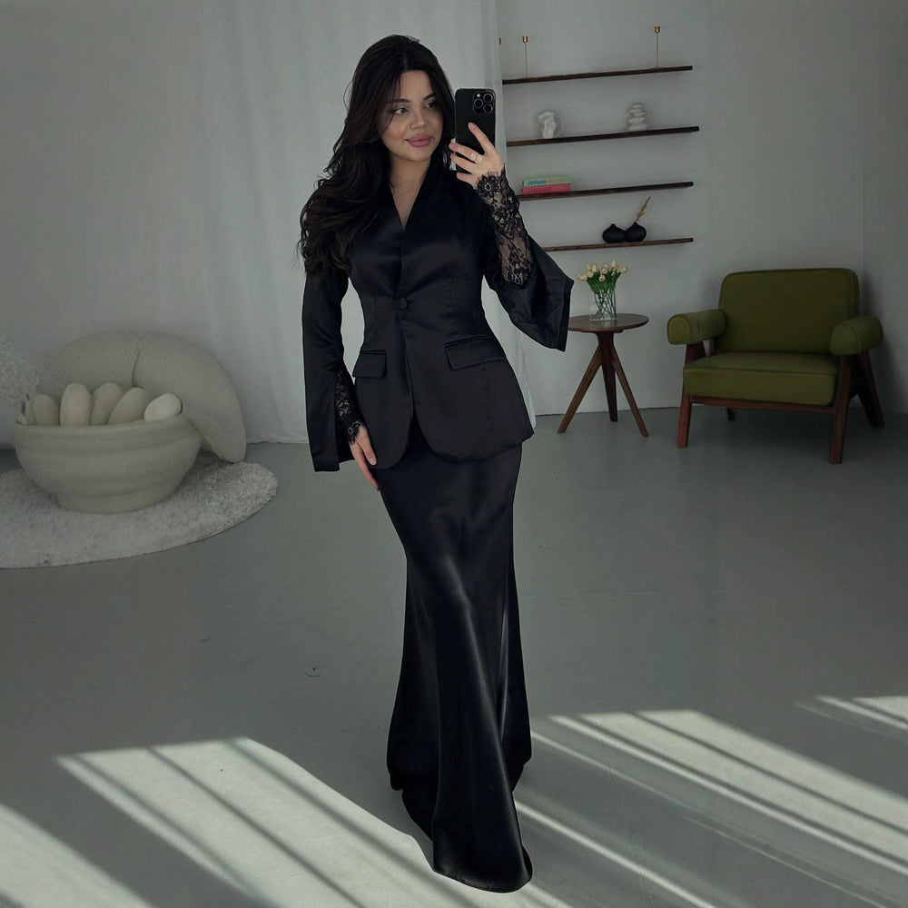 Elegant Slim-fit Solid-color Suit Jacket And Satin Maxi Skirt Set