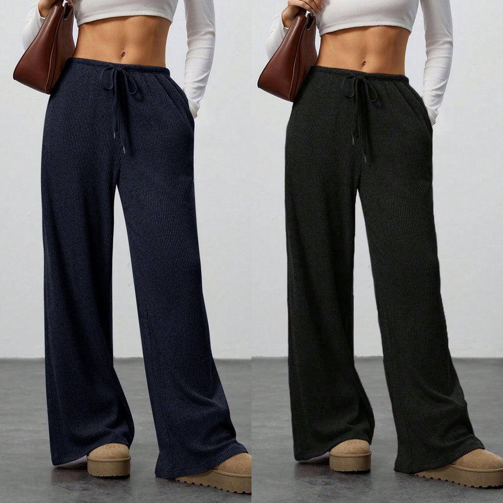 Womens Solid-Color Flowy Drawstring-Waist Wide-Leg Casual Pants