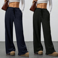 Womens Solid-Color Flowy Drawstring-Waist Wide-Leg Casual Pants