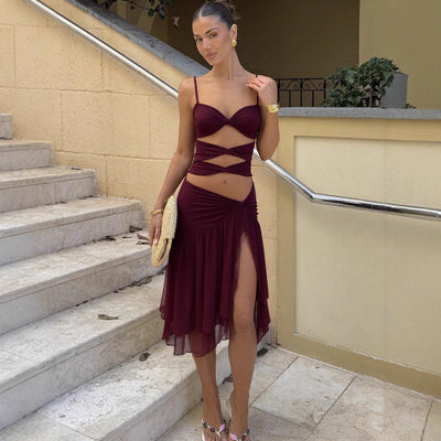 Womens Slim-fit Tube Top Hollow-out Off-shoulder Dress