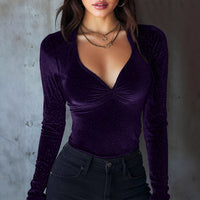 Womens Solid-Color Sequin Slim-fit V-neck Velvet Long-sleeve T-shirt
