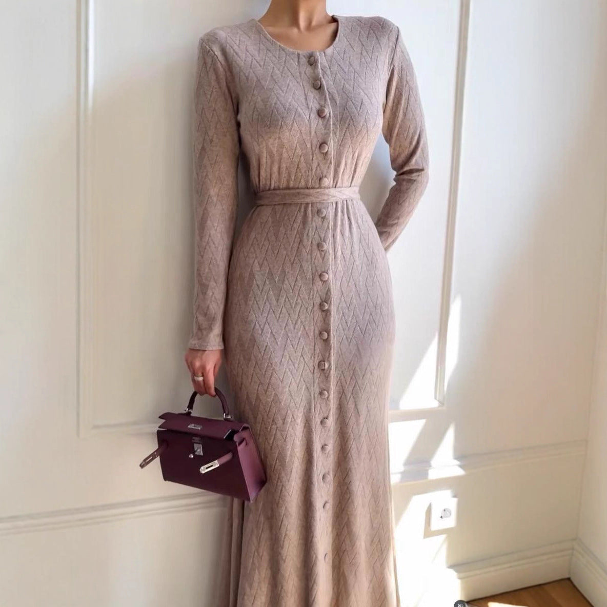 Casual Crew-neck Long-sleeve Sweater Loose-fitting Knit Bodycon Dress