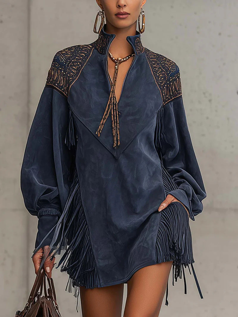 European And American V-neck Tassel-embroidered Dress