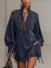 European And American V-neck Tassel-embroidered Dress