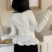 Polka-dot Printed Lace-trimmed Long-sleeve Top For Women