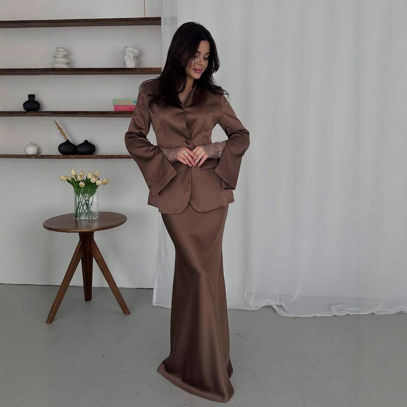 Elegant Slim-fit Solid-color Suit Jacket And Satin Maxi Skirt Set