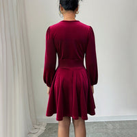 Retro Wine-red Velvet V-neck Dress With Lantern Sleeves