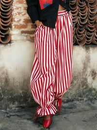 Red & White Vertical Stripe Drawstring Wide-Leg Pants