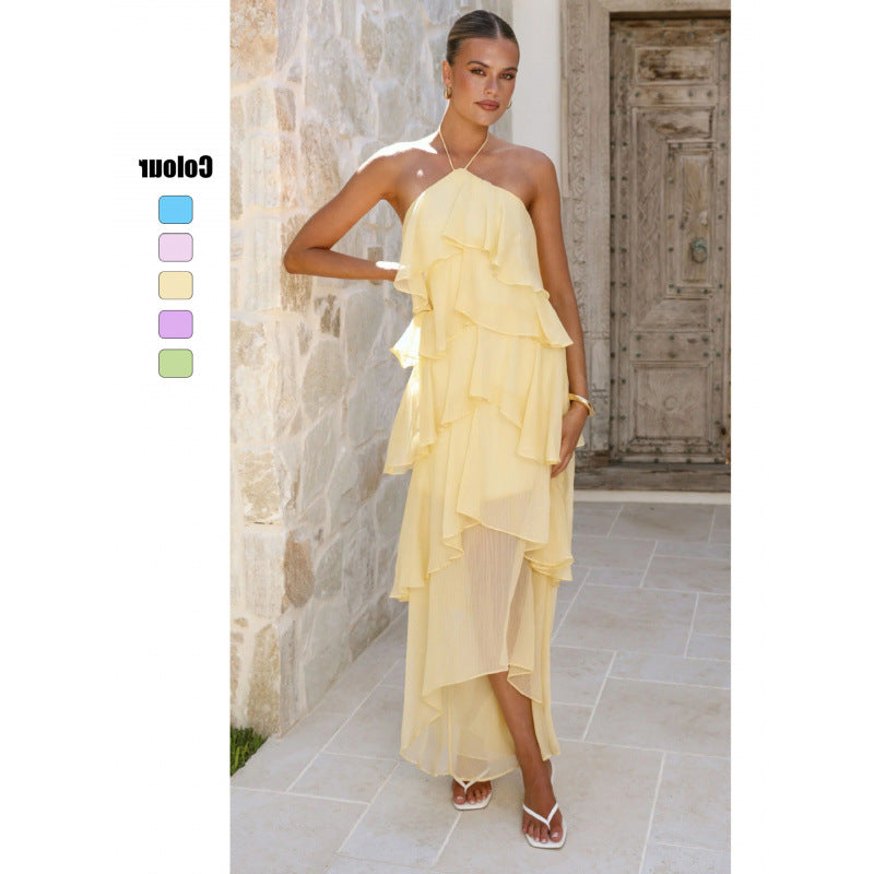 Solid-color Chiffon Tiered Dress With A Halter Neckline And Ruffled Hem