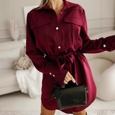 New Stylish And Elegant Solid-color Button-up Shirt Dress With A Turn-down Collar