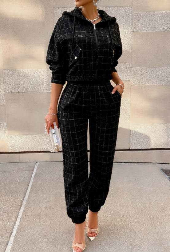 2026 Women's Chanel-style Plaid Hooded Set - High Street Tweed Zip-up Sweatshirt