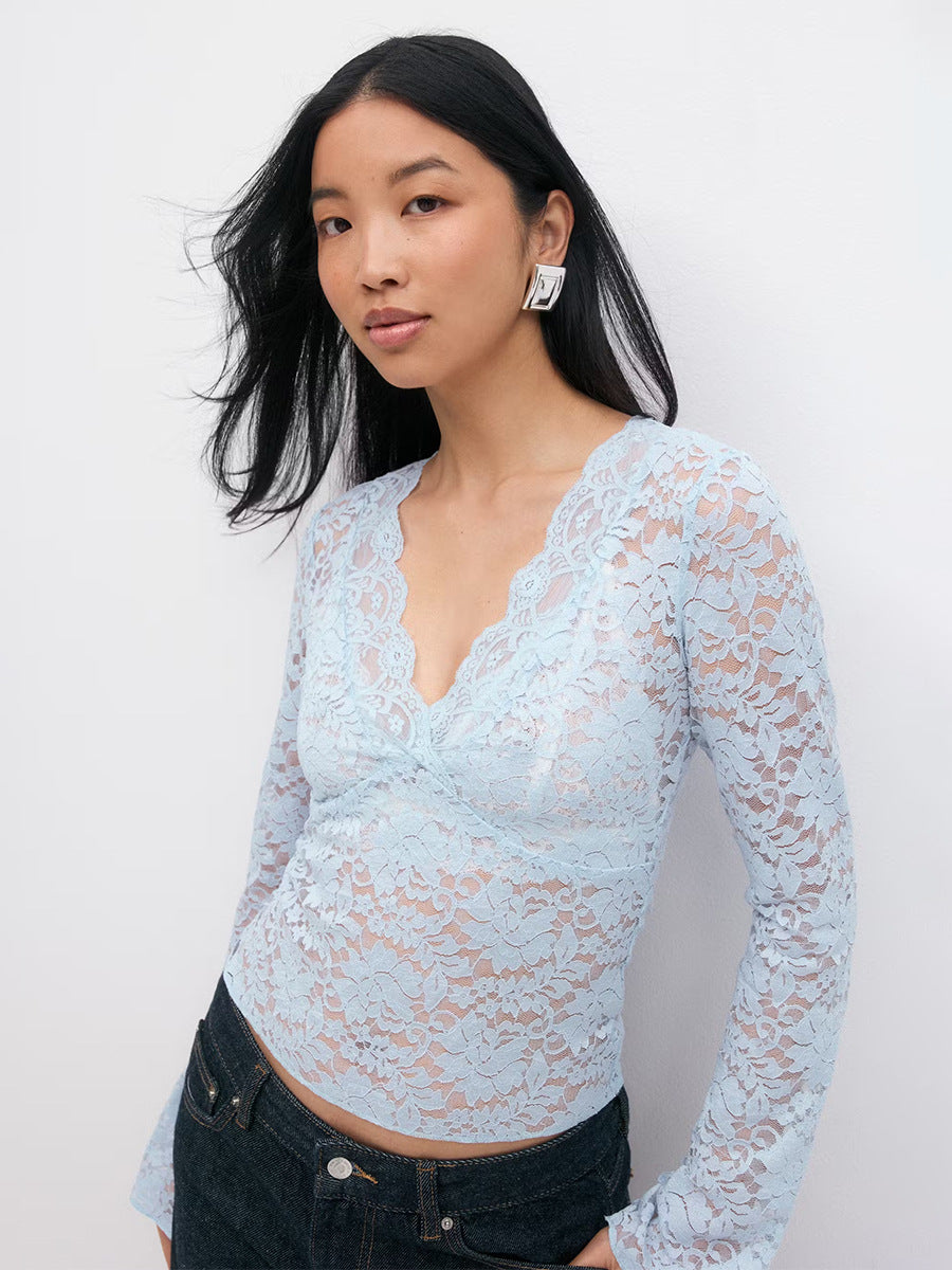 Lace V-neck Long-sleeve Blouse Top