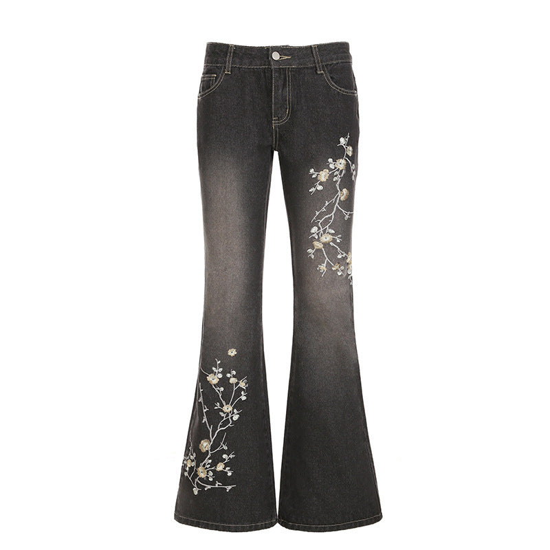 Ladies' Retro Slim Fit And Slimming Plant Embroidery Low Waisted Jeans