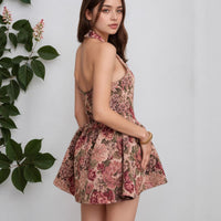 Womens Strapless Cinched Waist Floral Mini Backless Dress