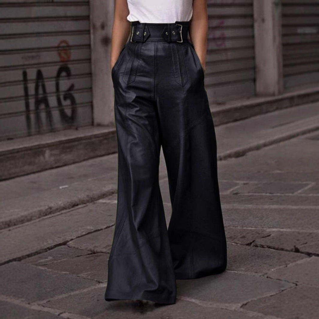 High-waisted Loose-fitting PU Leather Flared Pants With Pockets