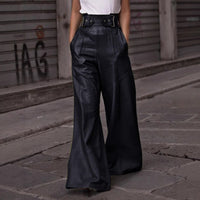 High-waisted Loose-fitting PU Leather Flared Pants With Pockets