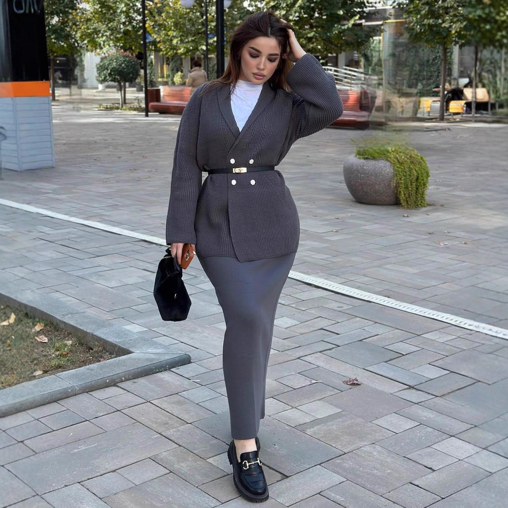 New Double-breasted Button Sweater Jacket And Sheath Skirt Set