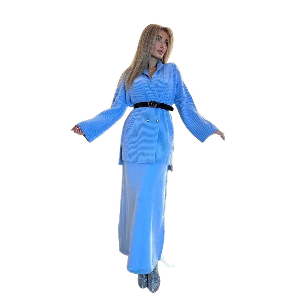 New Double-breasted Button Sweater Jacket And Sheath Skirt Set