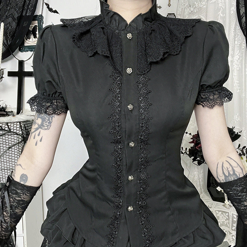 Dark Gothic-style Sexy Figure-hugging Lace-panelled Shirt
