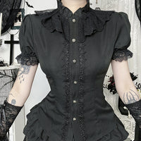 Dark Gothic-style Sexy Figure-hugging Lace-panelled Shirt
