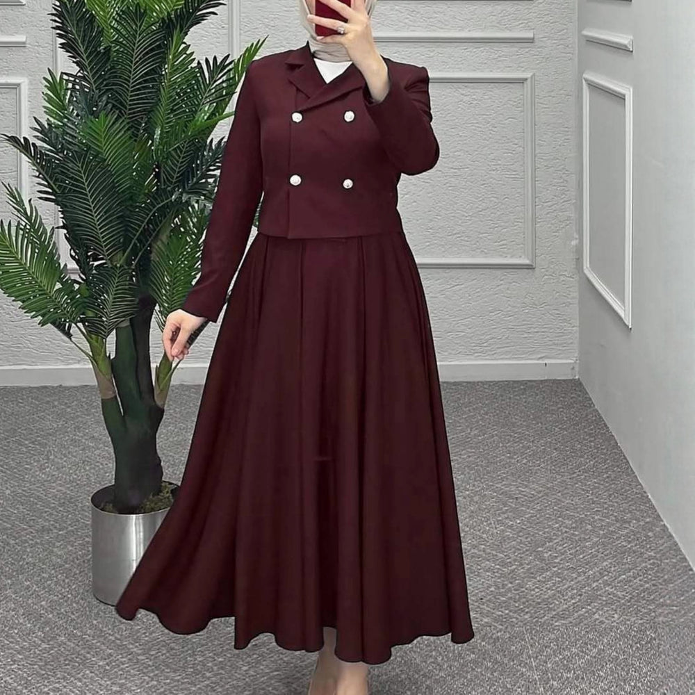 Buttoned Wool Coat And Preppy A-Line Maxi Dress Set