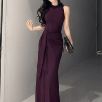 Womens Solid-Color French-Style Resort-Ready Sleeveless Two-Piece Look Dress