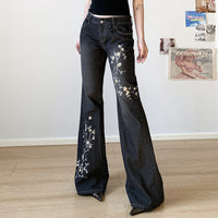 Ladies' Retro Slim Fit And Slimming Plant Embroidery Low Waisted Jeans