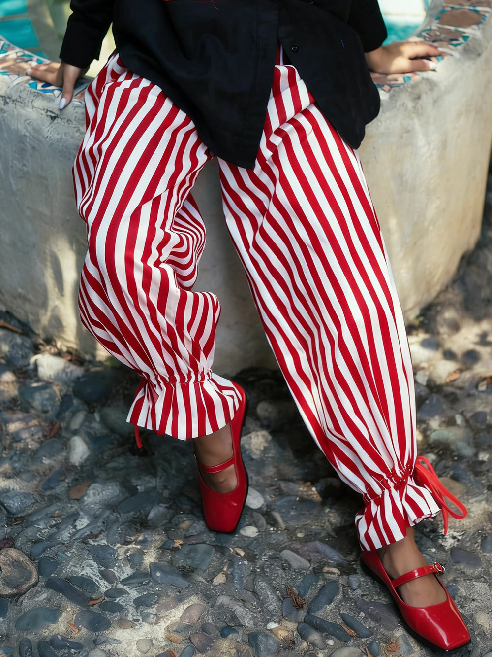 Red & White Vertical Stripe Drawstring Wide-Leg Pants