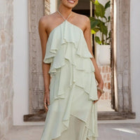 Solid-color Chiffon Tiered Dress With A Halter Neckline And Ruffled Hem