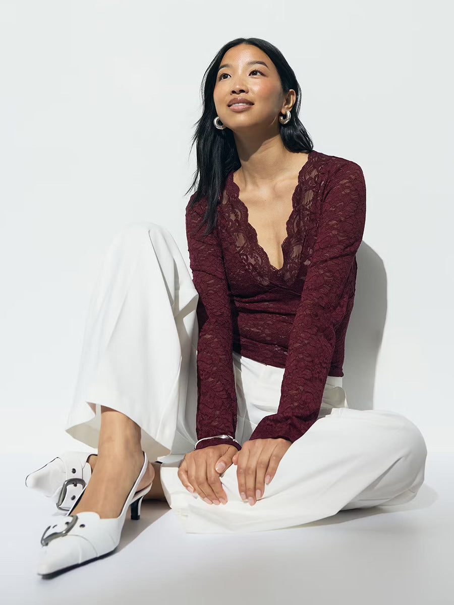 Lace V-neck Long-sleeve Blouse Top