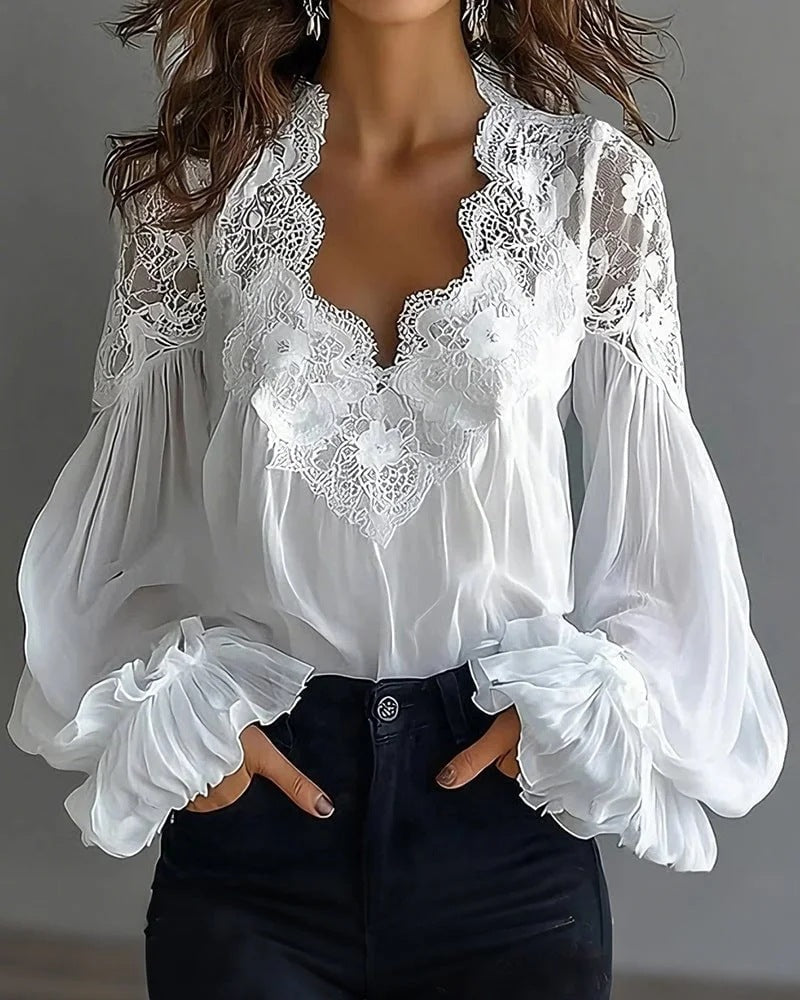 Womens Lace-Patchwork Ruffle-Shoulder Pleated Shirt