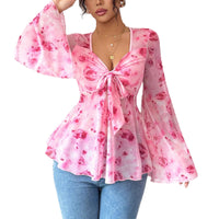 Womens Mesh Red Rose Print V-Neck Top