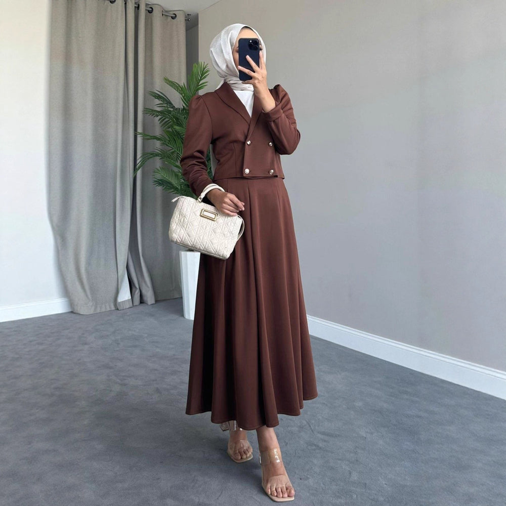 Buttoned Wool Coat And Preppy A-Line Maxi Dress Set