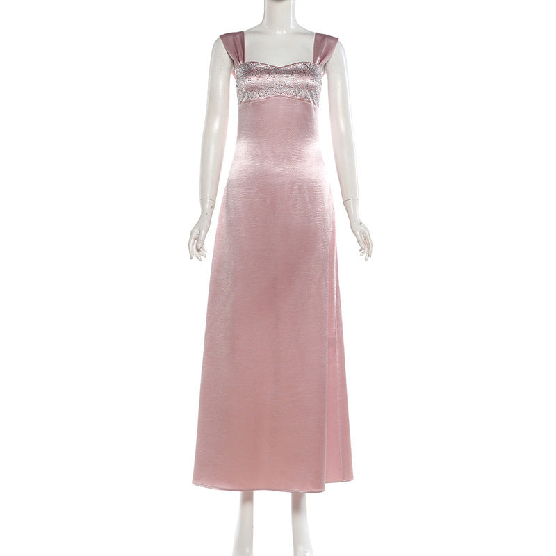 Backless Hot Pressed Diamond Waist Cinched Long Suspender Dress