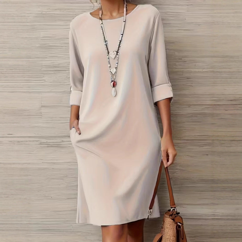 Versatile Solid-color Mid-sleeve Dress With Side Pockets