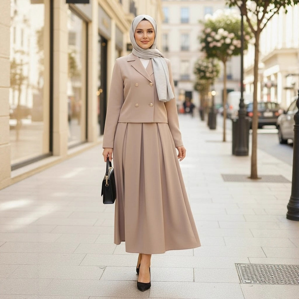 Buttoned Wool Coat And Preppy A-Line Maxi Dress Set