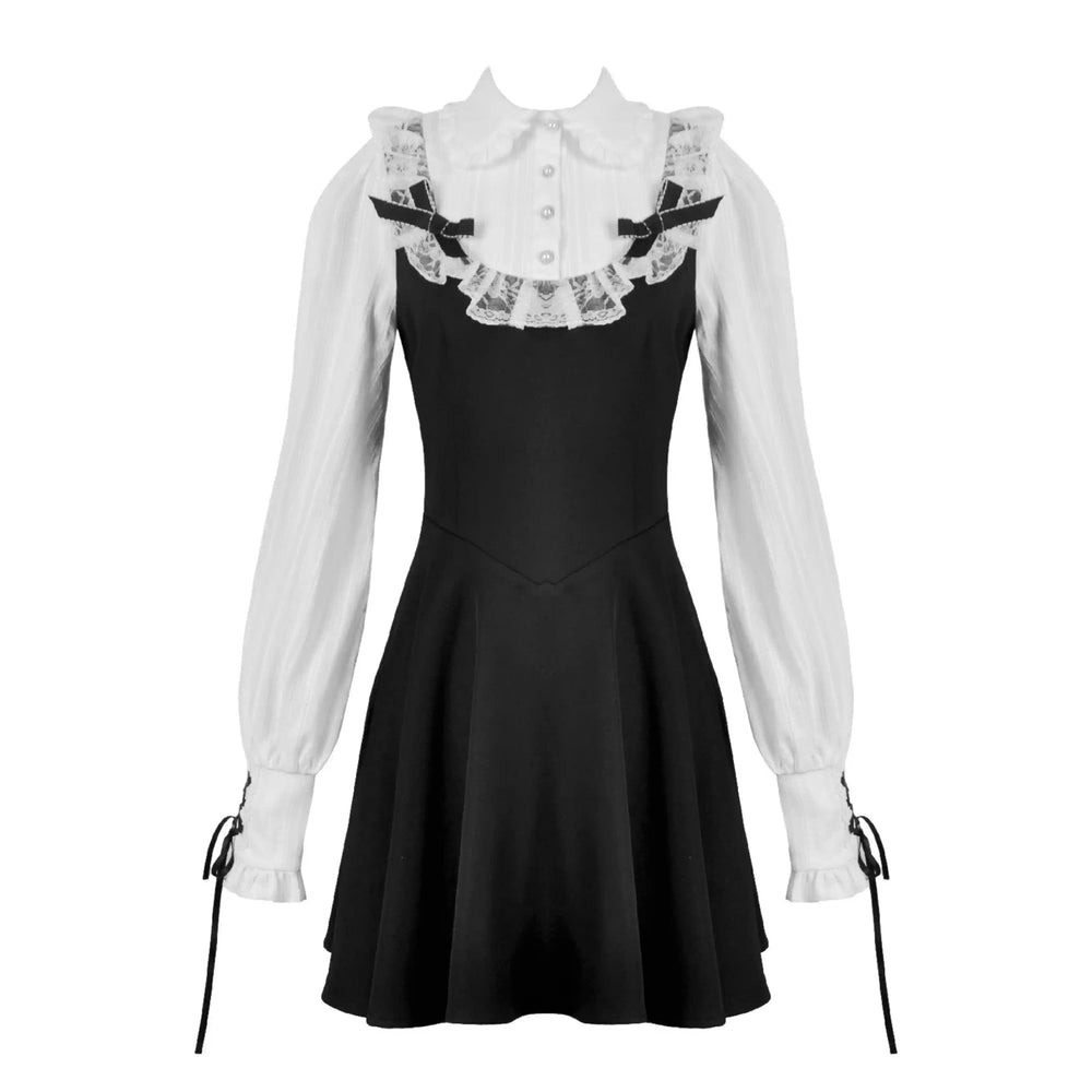 Gothic Dark Cute Lace Black And White Long-sleeved Dress