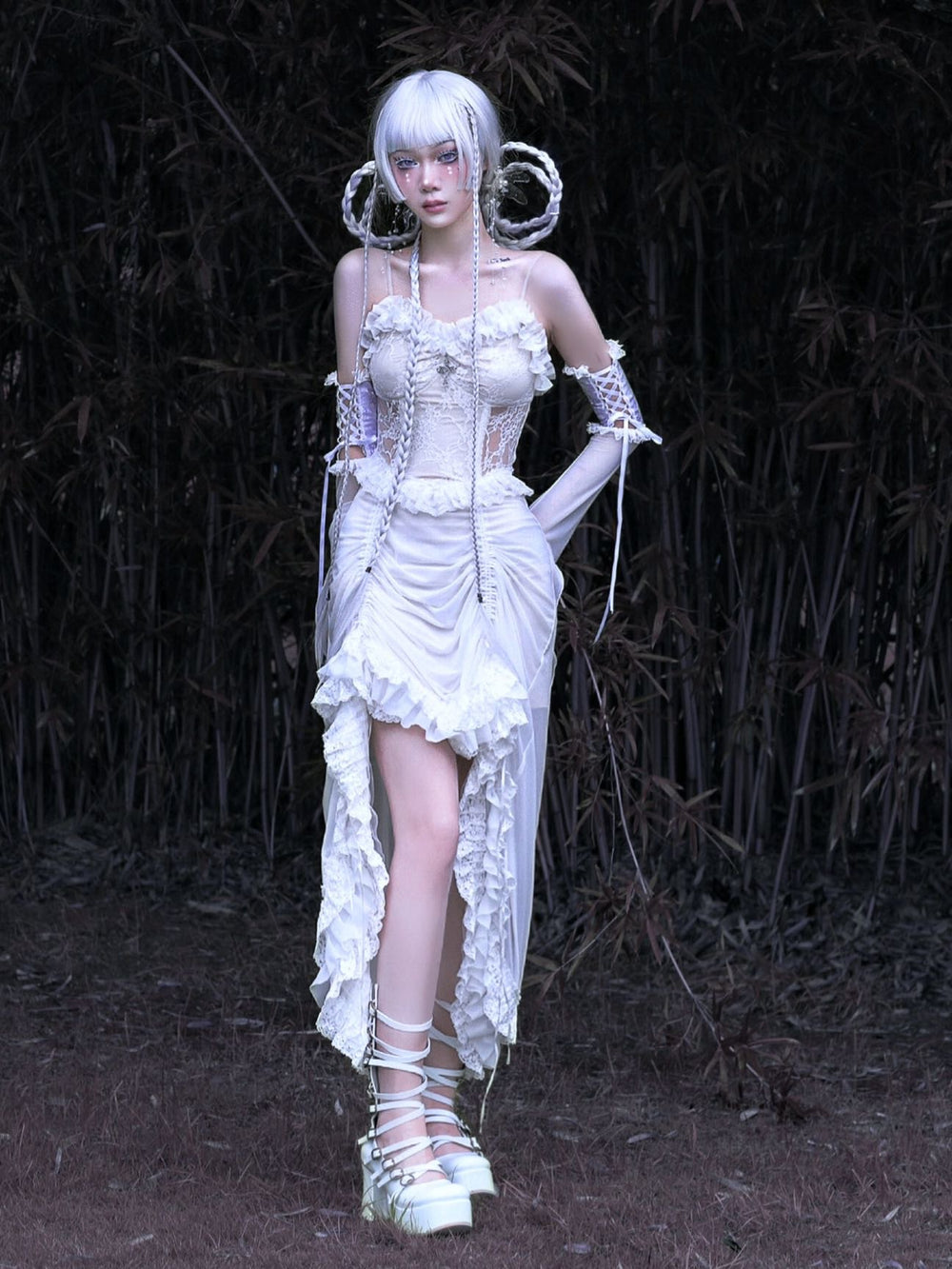 God's Redemption Chinese Style White Gothic Drawstring Mesh Dark Strap Dress Summer