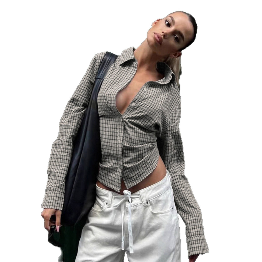 Retro Fitted-waist Tie-up Long-sleeve Plaid Shirt