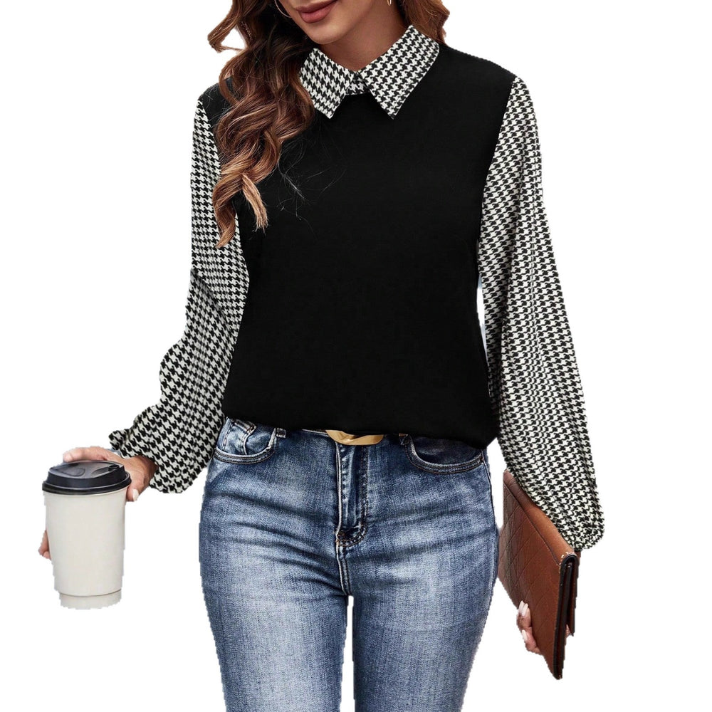 Long-sleeved Striped And Plaid Shirt With A Turn-down Collar