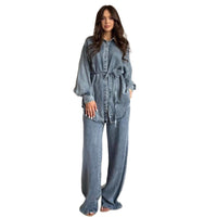 Fashionable Shirt-buttoned Tie-waisted Loose Jacket Denim Suit For Women