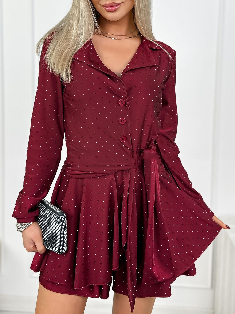 Silver-embellished Ruffled V-neck Chic Long-sleeve Dress