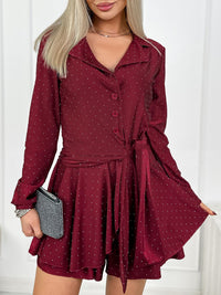Silver-embellished Ruffled V-neck Chic Long-sleeve Dress